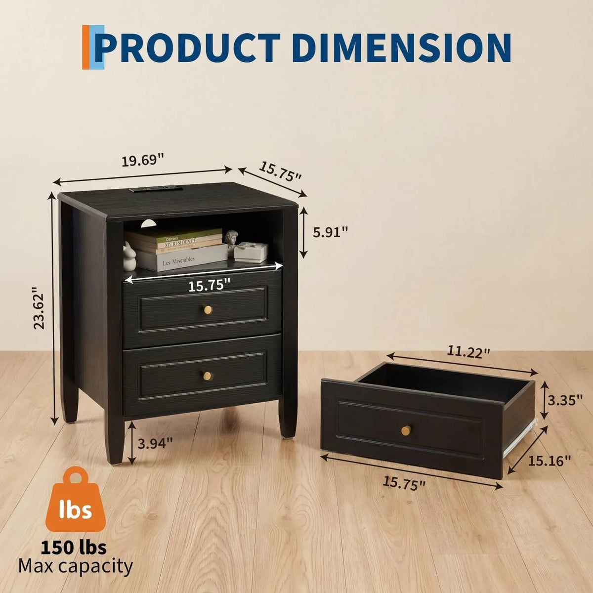 2 Drawer Storage Nightstand with Open Shelf, Modern Bedside Cabinet with Charging Station for Bedroom Home