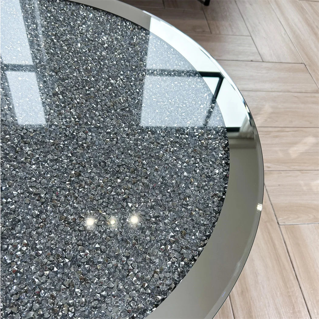 Luxury Silver Round Mirrored Coffee Table Elegant Accent Side Table with Glass Tabletop for Living Room Bedroom