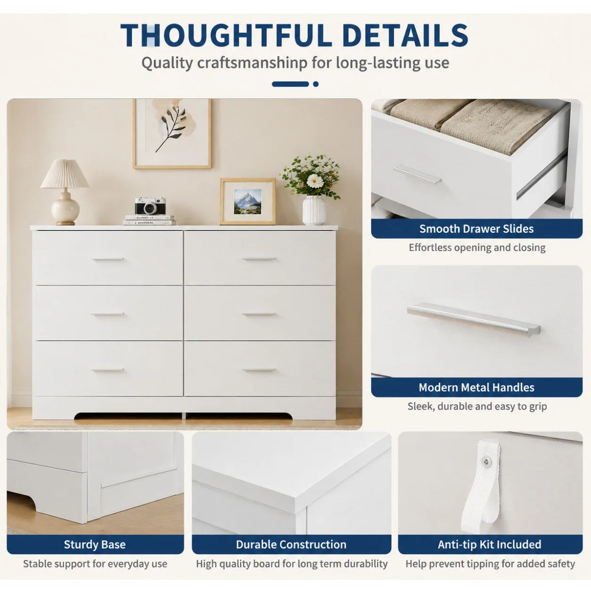 Modern 6 Drawer Dresser White Wood Storage Chest with Metal Handles Bedroom Organizer Cabinet for Living Room Entryway Hallway TV Stand