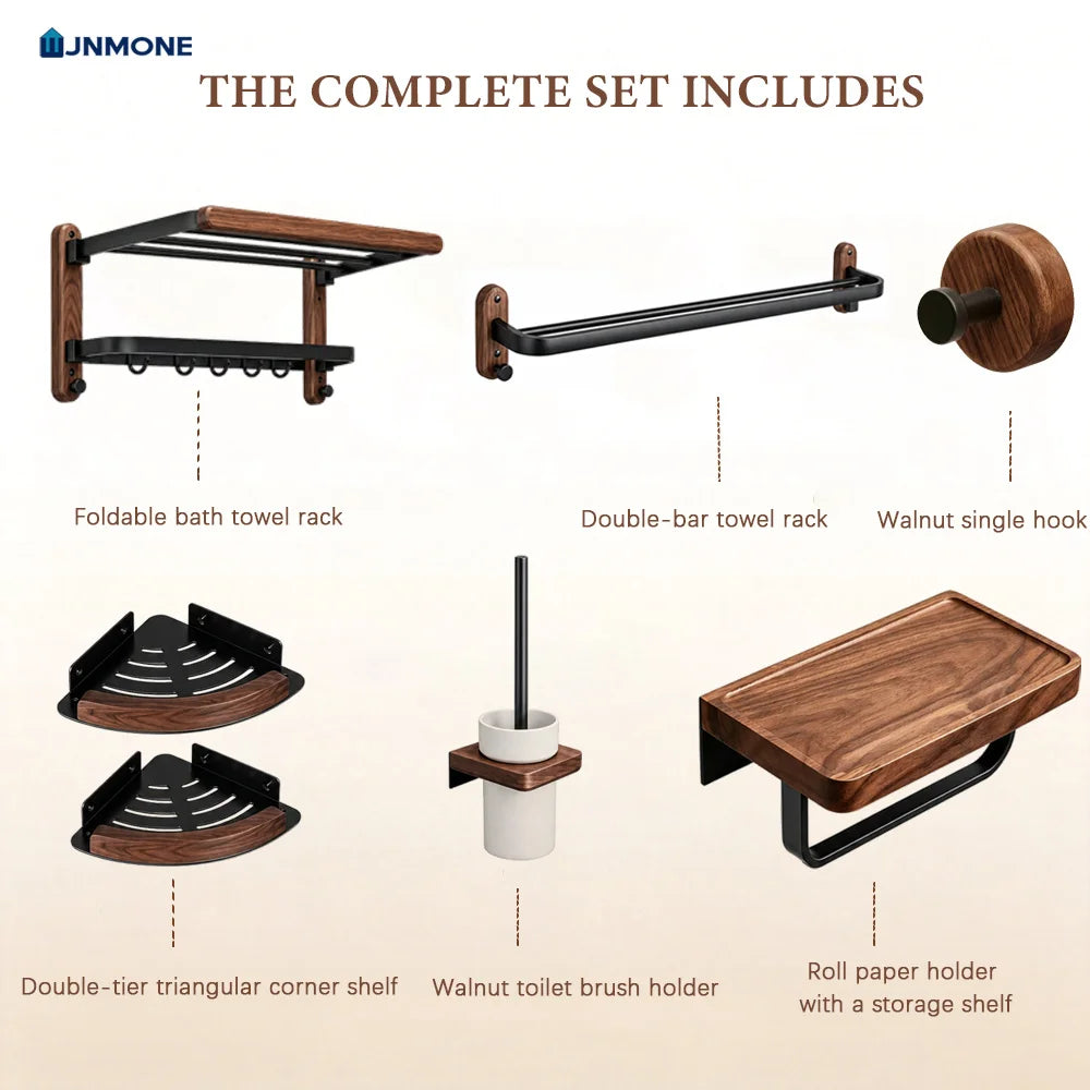 Walnut Wood Bathroom Accessories Set Wall Mounted Towel Rack Shelf Toilet Paper Holder Bathroom Hardware Kit Shower Organizer
