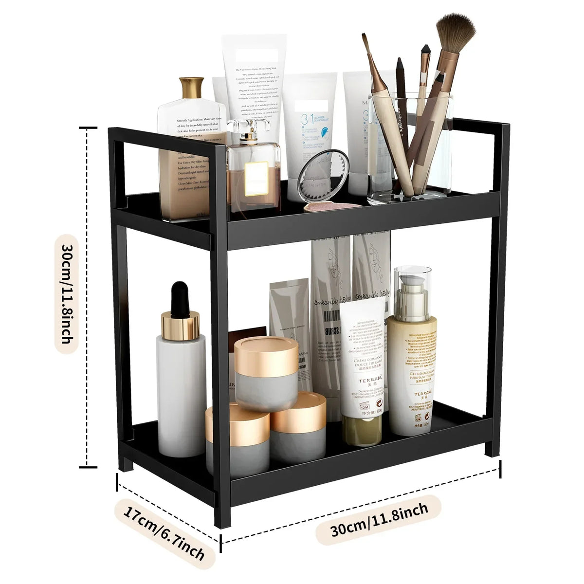 2 Tier Under Sink Organizer Sliding Cabinet Basket Organizer Storage Rack with Hooks Hanging Cup Bathroom Kitchen Organizer