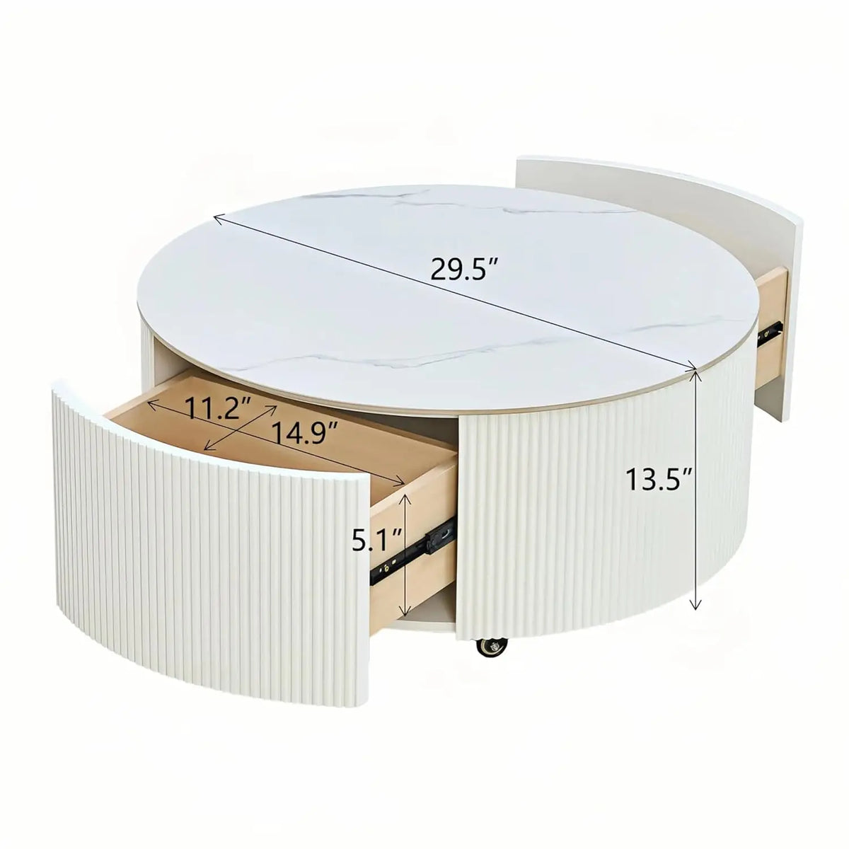 Modern Round Movable Coffee Table with Casters, 2 Drawers, Marble Pattern Sintered Stone Top, White, 29.5",