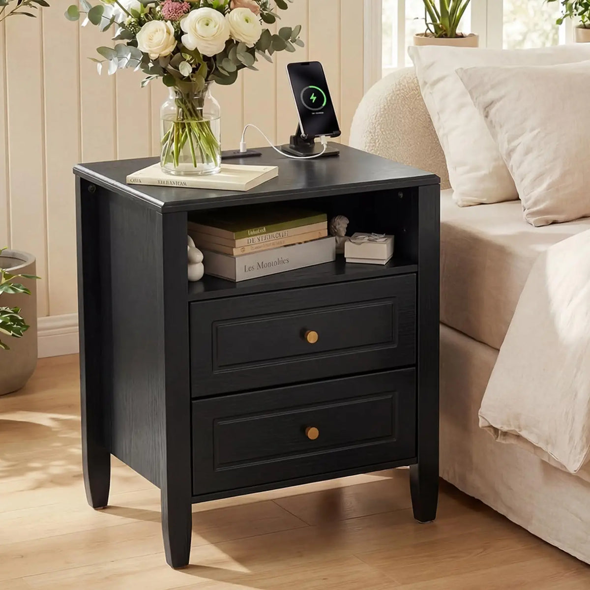 2 Drawer Storage Nightstand with Open Shelf, Modern Bedside Cabinet with Charging Station for Bedroom Home