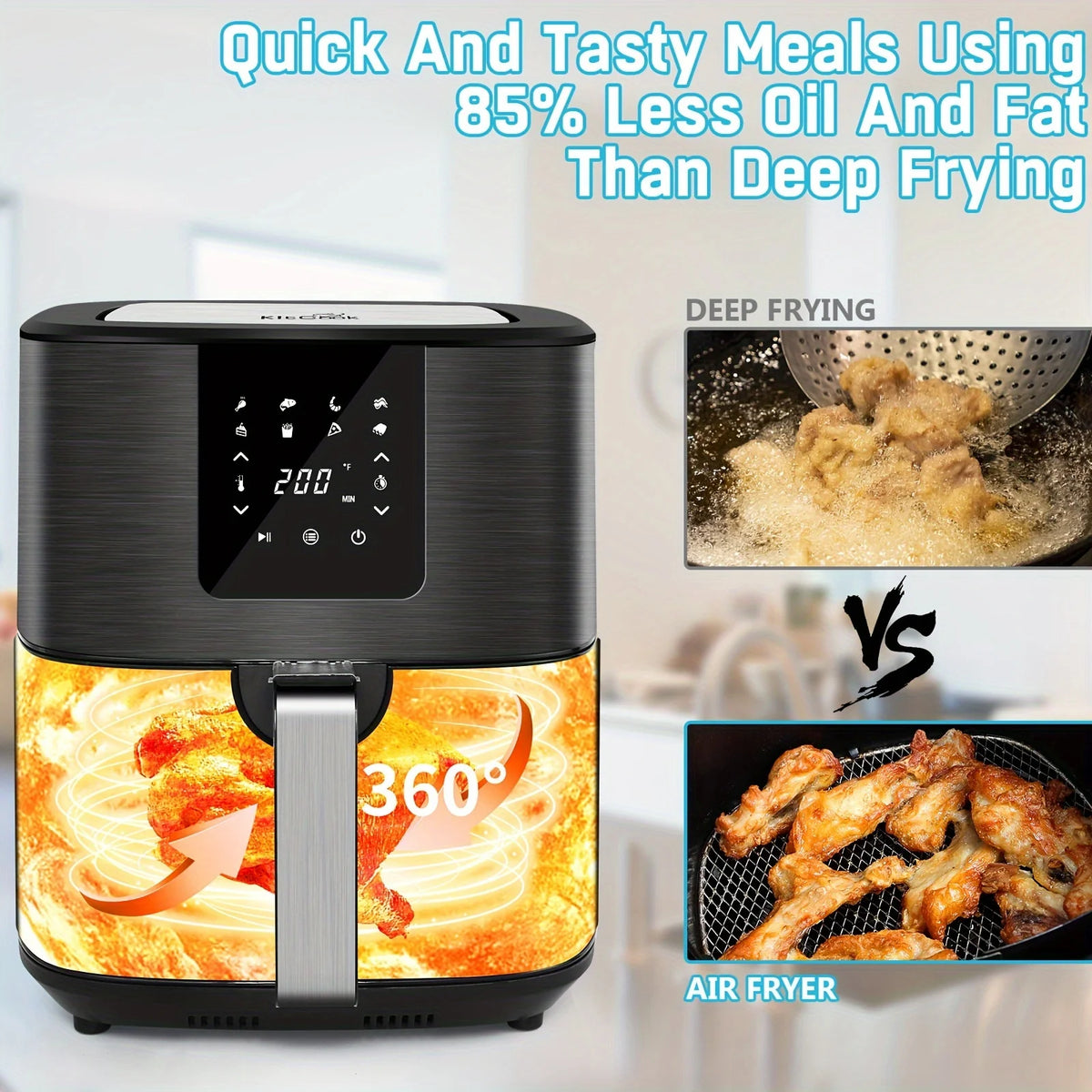 KitCook Large Air Fryer, 1500W 7QT AirFryer Cooker, Adjustable Temperature 100-400°F, 8 Presets Menu, Digital Touch Screen,