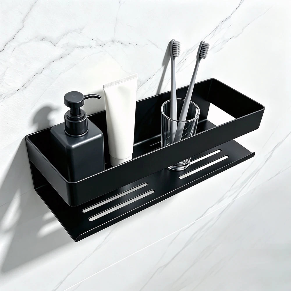 Black Stainless Steel Bathroom Shelf With Drainage Holes Wall Mounted Shower Caddy Organizer Corner Shampoo Storage Rack