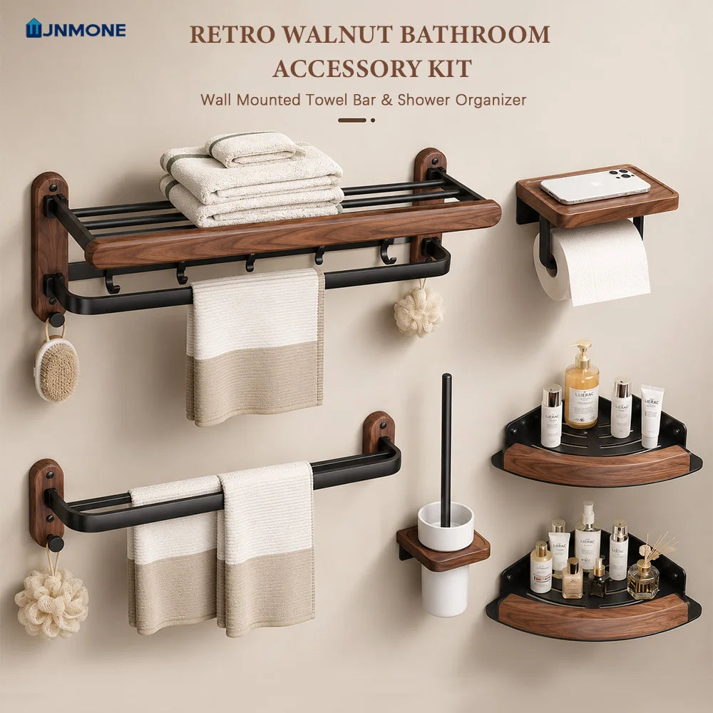 Walnut Wood Bathroom Accessories Set Wall Mounted Towel Rack Shelf Toilet Paper Holder Bathroom Hardware Kit Shower Organizer