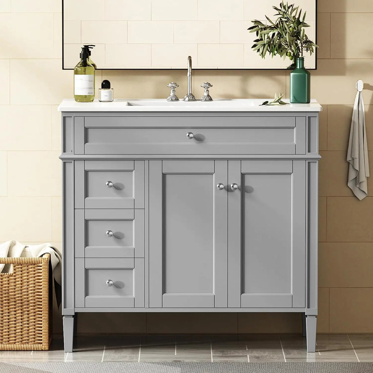 36" Bathroom Vanity with Sink, Solid Wood Frame Modern Bathroom Vanity, Bathroom Single Sink Cabinet with Charging,